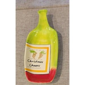 Mud Pie Ceramic Spoon Rest Bottle Shaped Green and Red Holidays CHRISTMAS Cheers